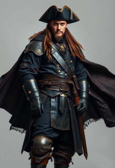 a pirate captain, full shot, handsome, heroic, epic, iron and leather armour, dark clothes, oriental damask ornaments, long cape, in the style of restrained palette, distressed materials, realistic color schemes, hieratic visionary, figura serpentinata, nicola samori, bold yet graceful , pirate boots, alexander McQueen fashion costume style, light grey background studio, oil painting style