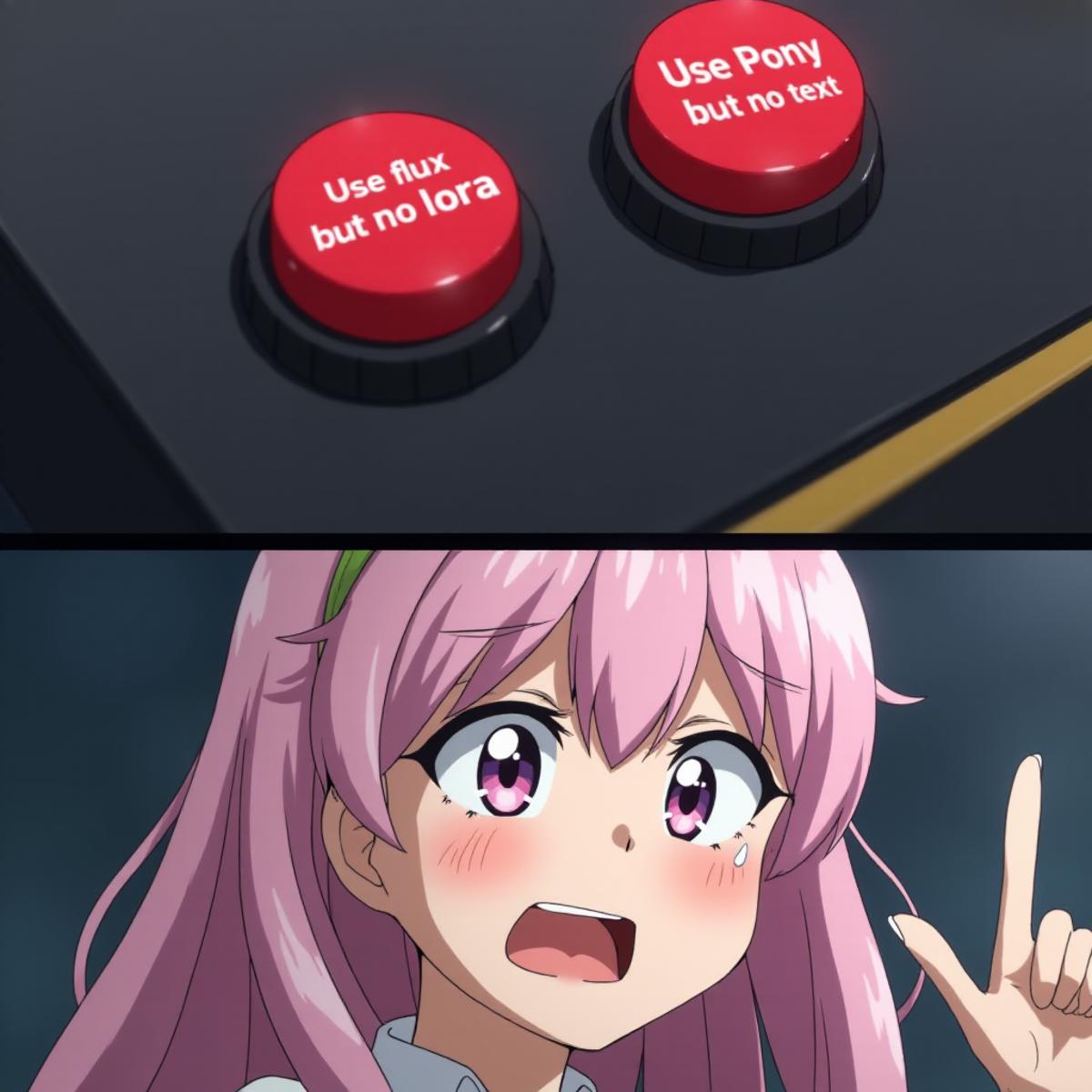 A two panel meme page in an anime style. The left panel has a closeup of a console with two red buttons, next to the first button is written "Use flux but no lora" while next to the other button is written "Use Pony but no text". The right panel is a woman sweating as she hesitates to push one of the two buttons from the previous panel, her index is raised and she is looking down at the console with a wavy mouth and a tear of sweat is running down her face.