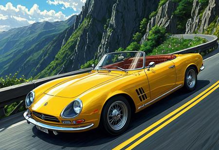 (studio ghibli digital drawing), best quality, masterpiece, extremely detailed,  professional  art,  professional painting, an extremely delicate and beautiful, dynamic,  great lighting, perfect shading, professional shading, depth of field,   side soft light, elegant, gorgeous, highly detailed,   full shot, uncropped,   pure genious, absolutely perfect,  highly detailed, breathtaking, retro futuristic, yellow roadster, long engine, elegant and beautiful, dynamic turn around corner, mountain pass, dusk