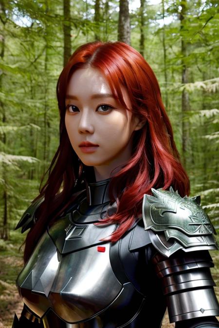 a aespawinter, perfect eyes, (red hair:1.1), (ultra realistic:1.5), (standing in forest:1.2), (close-up photo:1.5), (black paladin armor:1.2), (intricate:1.2), (looking at camera:1.2), <lora:aespa-winter-23-v1:1>