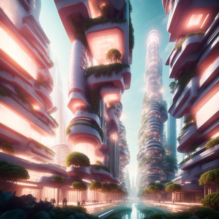 (coralcity style:1) futuristic city, tall buildings, lot of lights, plants growing <lora:djzCoralCityV21:0.8>