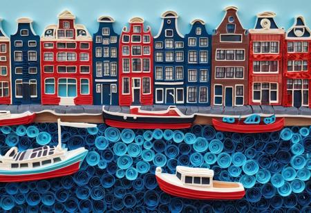 Harbour of Amsterdam in the style of quilling, blue, red and teal colors, in the background classical Delfts Blue motifs
