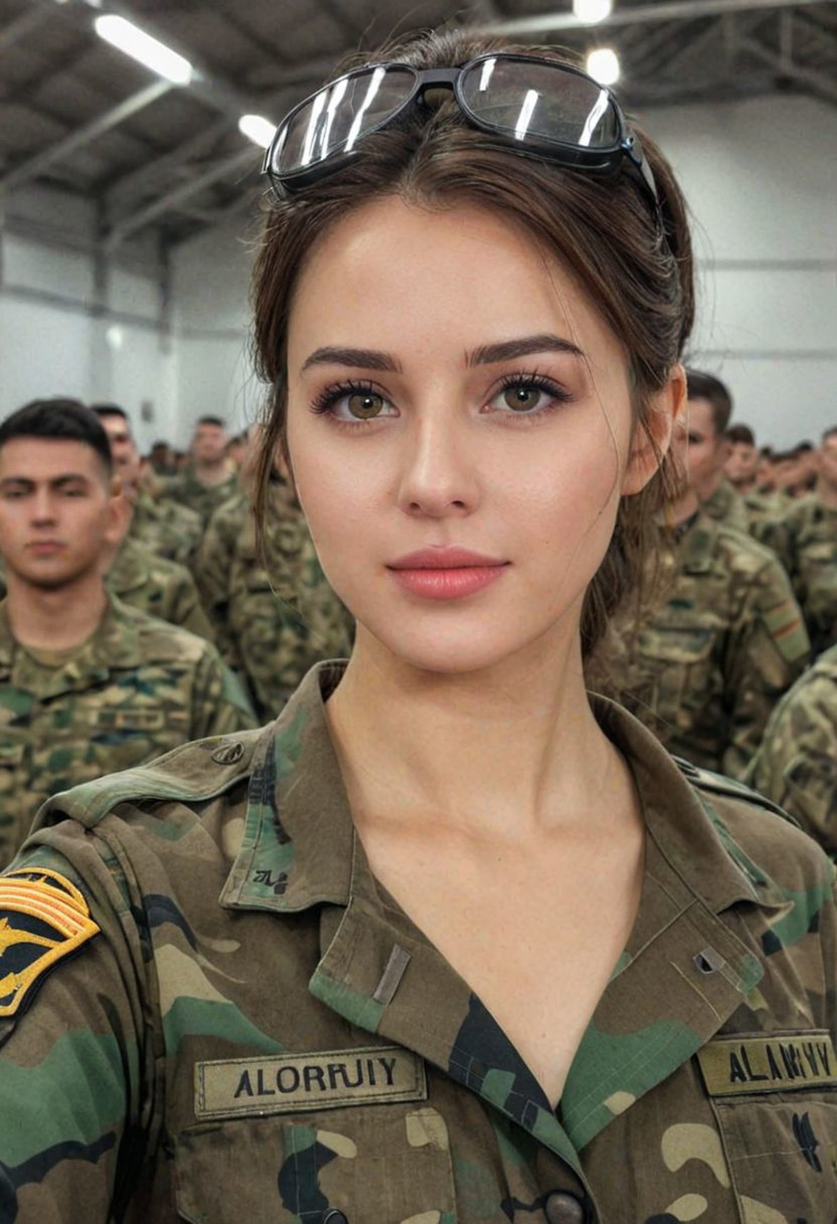 a army girl, in military base, face selfie, wearing army combat uniform, soldiers background, realistic face, pose body si...