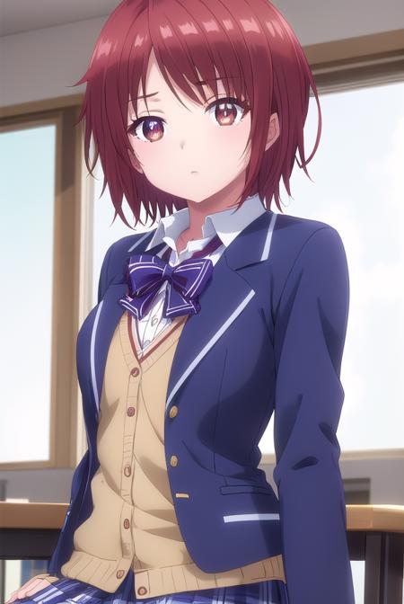 chitoseshirakawa, <lora:chitose shirakawa s1-lora-nochekaiser:1>,
chitose shirakawa, short hair, (brown eyes:1.5), red hair,
BREAK skirt, bow, school uniform, jacket, pleated skirt, plaid, plaid skirt, blazer, cardigan,
BREAK indoors, classroom,
BREAK looking at viewer, (cowboy shot:1.5),
BREAK <lyco:GoodHands-beta2:1>, (masterpiece:1.2), best quality, high resolution, unity 8k wallpaper, (illustration:0.8), (beautiful detailed eyes:1.6), extremely detailed face, perfect lighting, extremely detailed CG, (perfect hands, perfect anatomy),