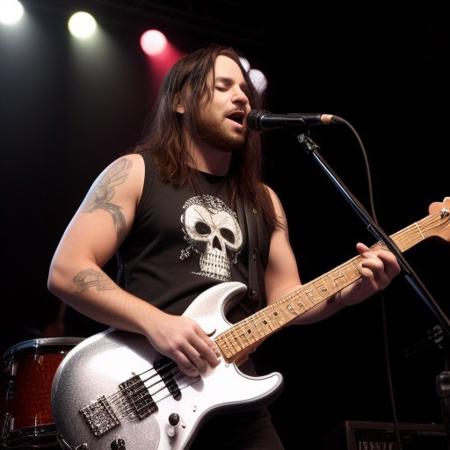 four member metal band playing on a stage in snowy mountains. The first member is a man singing into a microphone and has long blonde hair, and is wearing a black tank top with a skull logo on it. The second member is a woman with long black hair playing on a modern drum set, that is silver colored with red accents. The third member is a man playing an electric guitar with a short mohawk and he is wearing black pants with no shirt. The fourth member is a man with a long red beard playing a bass guitar.