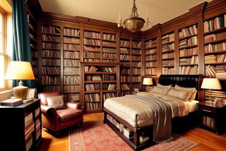 a fantasy bedroom that is also the owner's personal library with books everywhere