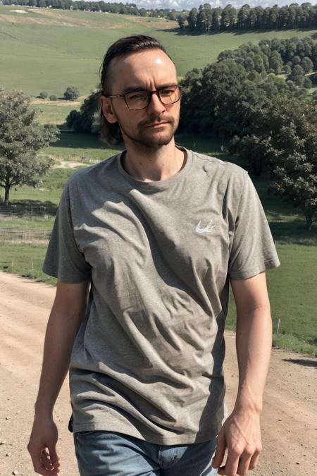 <lora:elXokas_v1-000009:1> rxks, masterpiece, best cinematic quality, photorealistic highly detailed 8k raw picture, volumetric lighting, volumetric shadows, portrait of a man in crew neck t-shirt, glasses, Walking with hands clasped behind back, farm background