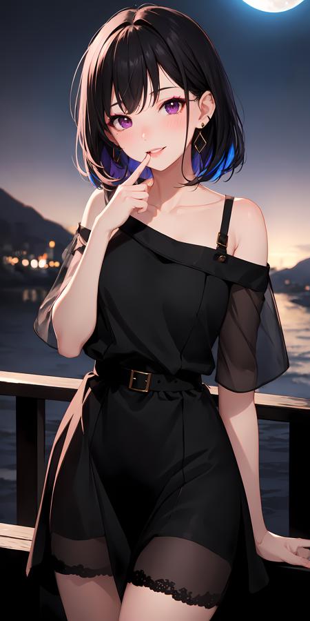 colorful, 1girl, medium breasts, parted lips, blush, makeup, finger in own mouth, light smile, black hair, purple eye, dress, moonlight, scenery, collarbone, narrow waist, earring, chromatic aberration,