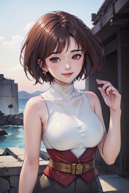 (masterpiece, top quality, best quality, official art, beautiful and aesthetic:1.2), (1girl:1.3), (fractal art:1.3), solo, 
short hair, breasts, pants, sleeveless,brown hair, sleeveless, closed mouth, bare shoulders, white turtleneck,toned,
outdoors, sunlight, upper body, smile, 
simple background, looking at viewer,   <lora:Annie:0.8>