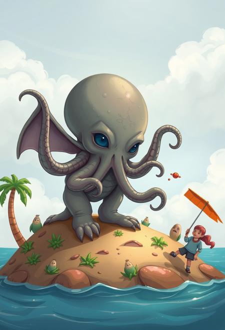 Cute, adorable. baby cthulhu, playing on an island devouring his followers, very happy