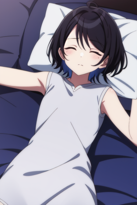 saegusayuu, 1girl, solo, closed mouth, closed eyes, lying, on back, pillow, sleeping, anime coloring