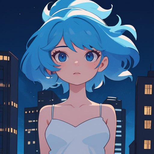 1girl,white dress,deep blue hair,from top,(form left:0.9),stand on the top of building,city background,hole body,side face...