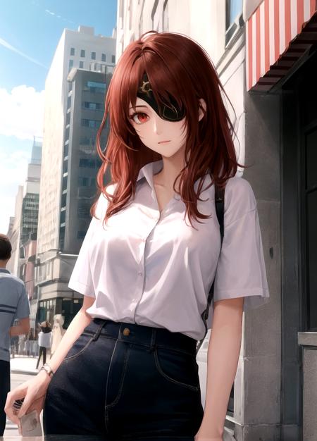 medium breasts, brown hair, short hair, large breasts, short shirt, city background,  <lora:Hwa_Ryun:1>,  red hair, long hair, eyepatch, red eyes, Hwa Ryun