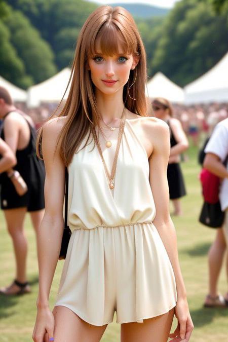 3/4 shot.  Realistic photo, professional photography. Real life photo, high sexy definition. Tinytina in a loose romper at  music festival.