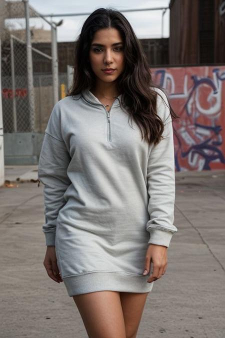 one pretty indian girl, supermodel, black hair, long hair, makeup, big tits, hanging breasts, nipples, oversized sweatshirt dress, unzip clothes, looking at viewer, posing, 80s style Skate Park, adorned with graffiti, soft lighting, film grain, cowboy shot, epiCPhoto, <lora:pytorch_lora_weights:0.5>, <lora:breastsizeslideroffset:0.2>, <lora:nagachichiD:0.6>, <lora:picxer_real:0.7>, <lora:InstantPhotoX3:0.3>, <lora:more_details:0.6>