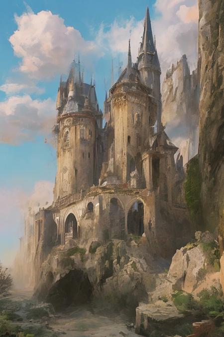 medieval fantasy tower spiraling towards the sky,  daylight sun touches the landscape, colorful sky