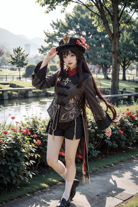 <lora:Hutao:0.7>, hu_tao, cowboy shot, beautiful girl, hat, hat flowers, brown long sleeves coat, black shorts, bare legs, white socks, black shoes, standing, long brown hair, outdoors, sunshine, lawn, flowers, sunny, lake, park,