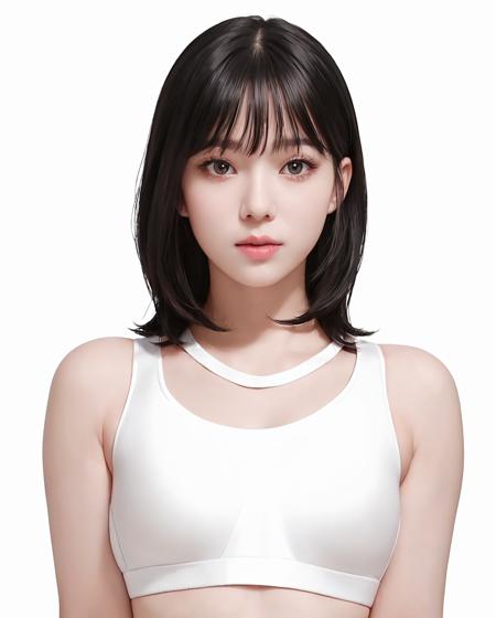 best quality, photorealistic, 8k, high res, 1girl, woman, (skindentation), (portrait:0.6), gorgeous, ((whitebackground, sport bra, small breast:1.76)), (medium wavy hair:1.6), looking at viewer,  (1girl eyes looking at viewer:1.6), photorealistic, (bokeh), (floating hair, lips, closed mouth:1.43), gorgeous, pureerosface_v1:1,  <lora:idol-Winter:0.46>