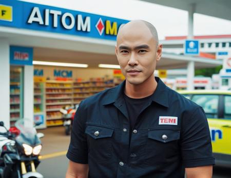 Create an image that features a bald man standing confidently at the entrance of a convenience store, with a heavy motorcycle parked nearby. The man is wearing a black polo shirt, prominently displaying the word 'ATOM' in bold, white letters across the chest. His stance is relaxed but assertive, perhaps with one hand resting on the motorcycle or in his pocket. The convenience store should be depicted with recognizable features such as signage, glass doors, or product displays. The motorcycle should be detailed, reflecting its heavy and powerful appearance. The overall scene should be well-composed, with a focus on the man, his unique shirt, and the motorcycle, capturing a moment of casual urban life,<lora:htm:0.75>