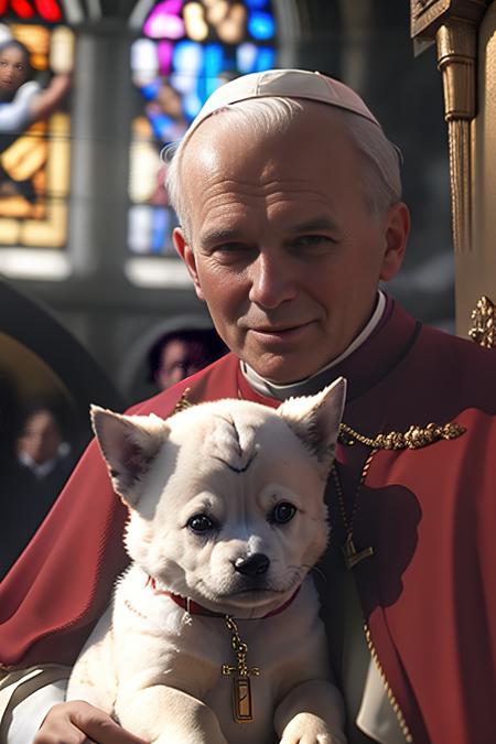 8k, raw, best quality, masterpiece:1.2,realistic, portrait of jp2v1 as old pope , holy bible, cute puppy, cinematic lighting, stained glass windows in the church background, with professional color grading, soft shadows, bright colors, <lora:jpv2:1>