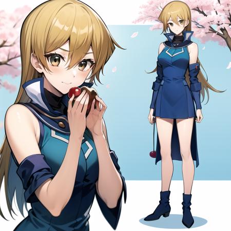 1girl, highres, masterpiece, tenjouin asuka,duel academy uniform gx, full body, solo, cherry, cherry blossoms, anime, absurdres, detailed face, perfect eyes,