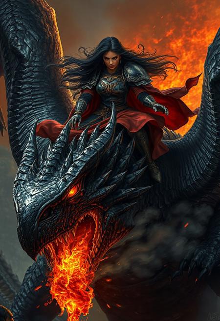 Create an epic fantasy scene featuring a fierce warrior woman riding on top of an  enormous, terrifying winged dragon. The warrior should have long, flowing black hair, and her attire must be an intricate mix of dark armor and crimson robes, blending strength and elegance. Her expression is one of determination and power, with piercing eyes that seem to glow with a supernatural intensity.
The dragon under her, a monstrous, armored creature covered in dark, glossy scales that shimmer in the low, ominous light. Its scales are jagged and rough, like volcanic rock, adding to its fearsome appearance. Its massive head is lowered, with glowing, fiery eyes locked on its foe. The dragon's mouth is open wide, revealing rows of razor-sharp teeth, and molten fire spills from its maw, swirling into the air as if about to unleash a deadly flame attack. The dragon's nostrils flare, and smoke billows from them, adding to the dangerous atmosphere.