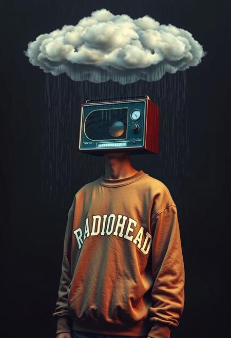 The photograph in the style of David LaChapelle depicts a person standing with their head replaced by an old-fashioned radio. The person is tall and skinny and wears an oversized sweatshirt with "RADIOHEAD" stitched on it. The radio’s speaker section is illuminated, suggesting it is turned on. Above the radio, there appears to be a cloud that is raining dark-colored rain directly onto the radio. This surreal masterpiece in the style of Stanley Donwood could be an album cover. This image could be interesting or relevant due to its commentary on media consumption and the overwhelming flow of information, symbolized by the rain pouring into the radio-head.