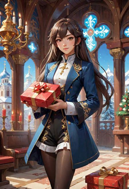1boy, otoko no ko, crossdressing, androgynous, trap, Russian, holding a gift box, Orthodox church interior, magical, detailed background Russian, occultism, wallpaper, landscape, depth of field, side lighting, genshin impact, ultra detailed, stockings, long hair, flat chest, bare legs