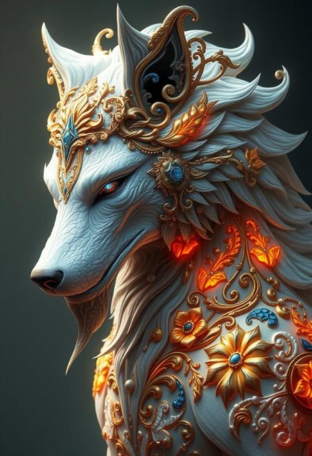 This is a highly detailed, digital artwork featuring a fantastical, hybrid creature that appears to be a cross between a werewolf and a mythical creature, with a stylized, ornate design. The creature's head and neck are adorned with intricate, swirling patterns and decorations that resemble a fusion of organic and mechanical elements. Its fur is a pale, almost ethereal white, covered in intricate, glowing gold and blue designs that resemble a mix of flowers, leaves, and mechanical components.