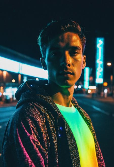 go pro photo, half body,1man, 25 y.o. , night , low andle, bright clothes 90's, grainy photo, analogue glitch effect, neon light