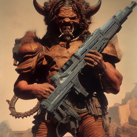 2 photo, demonic looking demon holding a machine gun in one hand (martianwarlord:1)