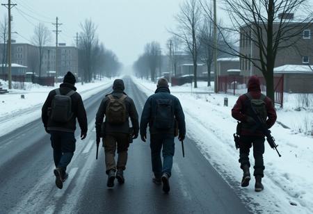 Four survivors in dayz walking down road away from a city with snow. No text. No guns
