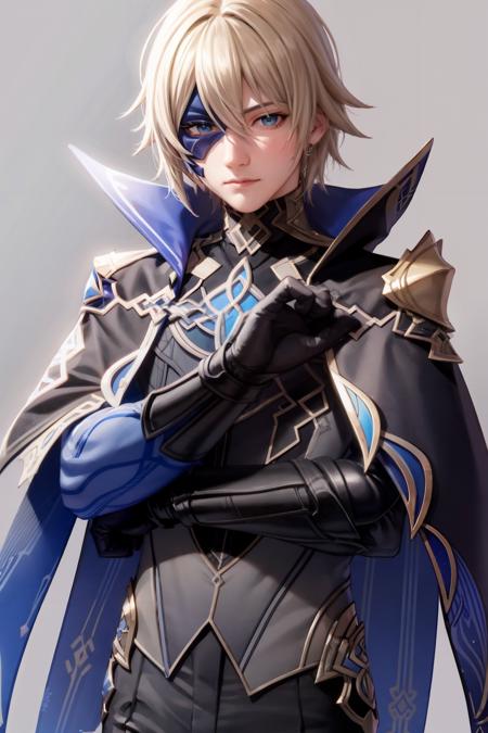 masterpiece, best quality,dainsleif\(genshin impact\), 1boy, male focus, solo, blonde hair, blue eyes, mask, gloves, hair between eyes, looking at viewer, cape, closed mouth, black gloves, bangs, high collar,,  (grey background:1.4),(kbxll:0.6)