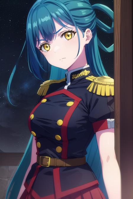 himari azuma, long hair, hair rings, (blue hair:1.5), (yellow eyes:1.3), skirt, thighhighs, epaulettes, military, military uniform, black uniform,