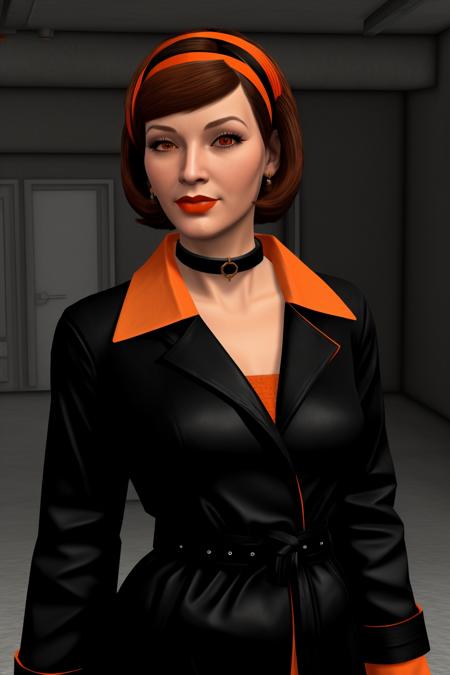 nolfcatearcher, 1girl, short hair, brown hair, jewelry, hairband, choker, belt, makeup, lipstick, orange hairband, black and orange trenchcoat, 3d, 1960s style, low angle, strong pose, <lora:CateArcher:0.8>