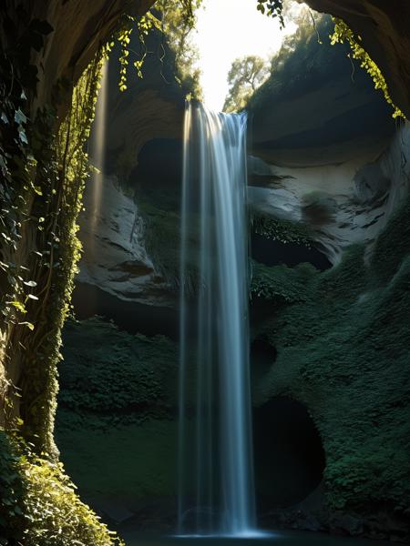 Fractalvines, A cascading waterfall, its waters weaving through a curtain of fractalvines, creating a shimmering veil that reveals a hidden grotto behind. <lora:Fractal_Vines:1>  <lora:EnvyBetterHiresFixXL01:0:hr=1>