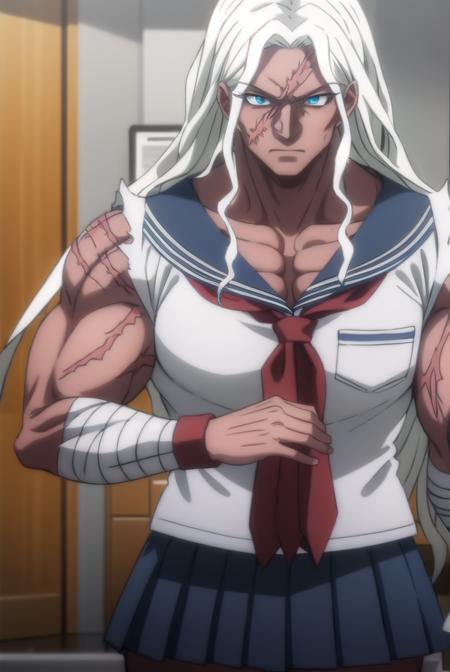 sakuraoogami, <lora:sakura oogami s1-lora-nochekaiser:1>,
sakura oogami, long hair, white hair, dark skin, dark-skinned female, muscular, scar, muscular female,
BREAK shirt, school uniform, serafuku, sailor collar, bandages, blue sailor collar, bandaged arm,
BREAK indoors, classroom,
BREAK looking at viewer, (cowboy shot:1.5),
BREAK <lyco:GoodHands-beta2:1>, (masterpiece:1.2), best quality, high resolution, unity 8k wallpaper, (illustration:0.8), (beautiful detailed eyes:1.6), extremely detailed face, perfect lighting, extremely detailed CG, (perfect hands, perfect anatomy),