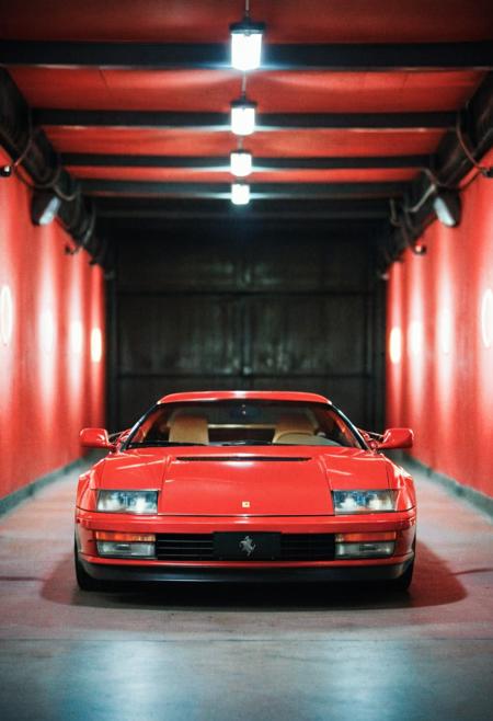 analog film photo (Sportscar gleaming red Ferrari Testarossa, symmetrical front view, bright headlights, indoors tunnel), white neon lights, (stylish, film grain:1.3) . faded film, desaturated, 35mm photo, grainy, vignette, vintage, Kodachrome, Lomography, stained, highly detailed, found footage
