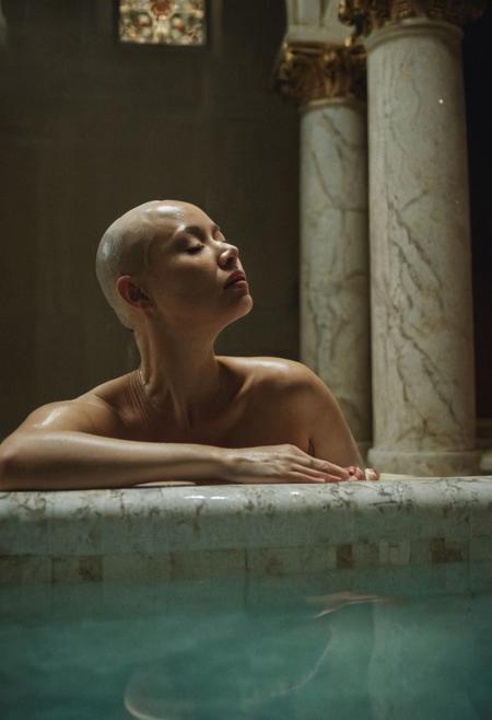 Analog nude portrait photo, (2girls) nude, (1girl beautiful elegant chubby 45 year-old Asian woman), (shiny scalp)(bald head:2), erotically stroking the (bald head:2) of (1girl, beautiful petite pale freckled 25 year-old)((redhead European woman))(eyes closed:0.5),  with hands in pool of ornate huge Moorish Bath, columns, skylights, shot from below, dark chiaroscuro lighting, rich dark cool reds and pale muted colors in background, 35mm, realistic, Cinematic Hollywood Film style, high detail, detailed eyes, detailed skin texture, (blush:0.2), (goosebumps:0.3), subsurface scattering, highly detailed skin, skin imperfections, mole, dirty skin, sweat, scar, atmospheric, dramatic, emotional, erotic, sensual, sexy, aroused, rich dark colors, deep shadows, masterpiece, harmonious, vignette, 4k epic detailed, shot on kodak, 35mm photo, sharp focus, high budget, cinemascope, moody, epic, gorgeous, film grain, asz, portrait photo, Art style by Ingres
