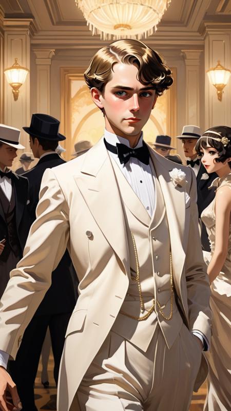 Create an 8K anime illustration, fusing John Singer Sargent's artistry with anime style. Focus on a Gatsby-like man, capturing Sargent's emotional depth and anime's vibrancy. His attire should blend Roaring Twenties elegance with anime flair. The background, a lavish Gatsby-esque scene, should merge Sargent's detail-oriented realism with anime's dynamic exaggeration. Ensure every detail, from expression to setting, weaves a story that's both classically nostalgic and uniquely modern.