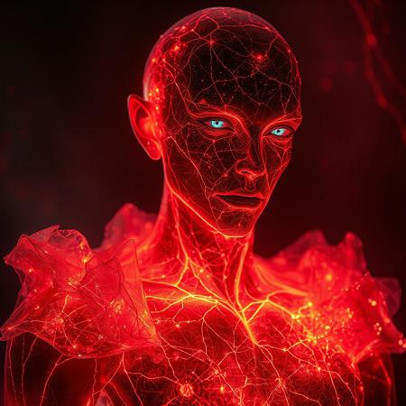 A captivating hyper-realistic close-up of a male Archaea character, whose body radiates a mesmerizing red/lava bioluminescence, setting him apart as a masterpiece of evolutionary art. His skin, translucent yet imbued with a neon vibrancy, reveals intricate networks of glowing veins that pulse with the vitality of a supernova. Adorning his form is a shattered glass-like robe, each fragment emitting a soft bioluminescent light, creating an ethereal aura around him. Over this delicate garb, he wears the unmistakable 1st zodiac Capricorn armor, its neon rea garnet hue shimmering in stark contrast to the surrounding darkness. The red neon Bioluminescence Capricorn armor, also translucent, allows the viewer to glimpse the powerful musculature beneath, further highlighting the fusion of organic and cosmic elements. His eyes, windows to an ancient soul, are a piercing neon blue, hinting at the depth of his wisdom and the 32,000-year history etched into his very being. The archaea's abilities are proudly displayed on a detailed character sheet floating beside him, listing fifteen unique supernova base powers that speak of his dominion over the universe's most fiery events. The Kyōzon insignia, in bold neon garnet letters, declares his name and status as an archaeal being of immense power. The masterpiece, rendered in a stunning 32k resolution, invites the viewer to gaze upon the intricacies of his hyper-realistic skin, each follicle and pore a testament to his alien beauty.