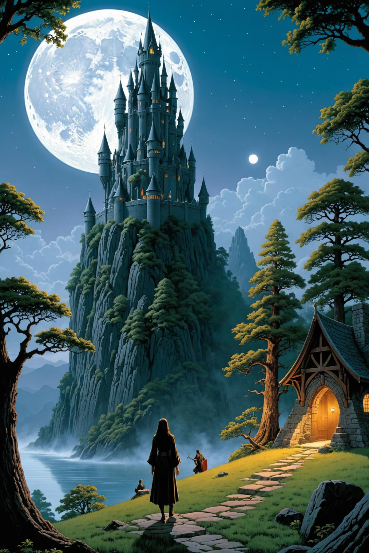 A person standing in front of a castle at night, with the moon in the sky.