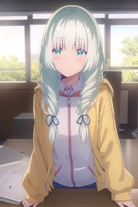 koharuootori, <lora:koharu ootori s1-lora-nochekaiser:1>,
koharu ootori, long hair, bangs, (green eyes:1.3), hair ribbon, braid, white hair, blue ribbon, hair over shoulder,
BREAK shirt, long sleeves, white shirt, collared shirt, hood, sleeves past wrists, hoodie, yellow jacket,
BREAK indoors, classroom,
BREAK looking at viewer,
BREAK <lyco:GoodHands-beta2:1>, (masterpiece:1.2), best quality, high resolution, unity 8k wallpaper, (illustration:0.8), (beautiful detailed eyes:1.6), extremely detailed face, perfect lighting, extremely detailed CG, (perfect hands, perfect anatomy),