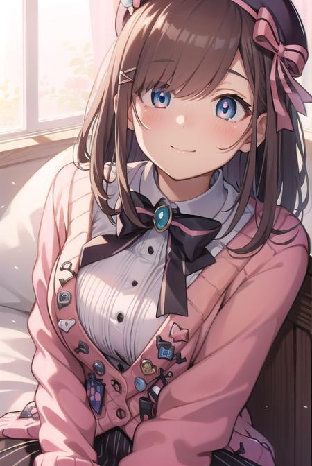 lulu suzuhara, blue eyes, brown hair, hair ornament, hair over one eye, hair ribbon, hat, beret, boots, bow, bowtie, brooch, buttons, cardigan, frills, jewelry, pantyhose, ribbon, skirt, striped, striped pantyhose, striped skirt, vertical stripes, vertical-striped pantyhose, virtual youtuber,  (pink cardigan:1.5),