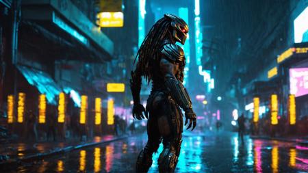 Predator, action, looking at viewer:1.3, cyberpunk, cyberpunk reimagined, cybernetic enhancement, night, heavy rain, wet, neon lights, (full body shot:1.2), (looking along street view:1.1), cinematic, 8k, HDR, photorealistic, best quality, high quality, masterpiece, hyper-realistic.