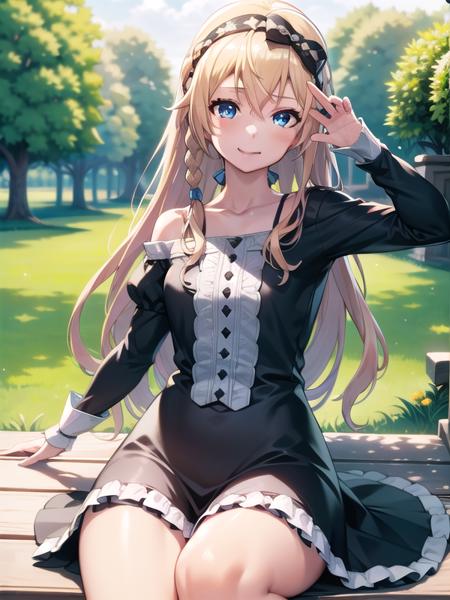 (hyper extreme detailed:0.8),(masterpeace),(hyper extreme),(photorealistic),CG,(colour:1.2), beautiful lighting,light from the front,official art, 1girl, sunny day,outdoor for park,looking at viewer,view straight on,  <lora:uzuki_kagura:1>,uzuki_kagura,blonde hair, hairband, blue eyes, black dress,