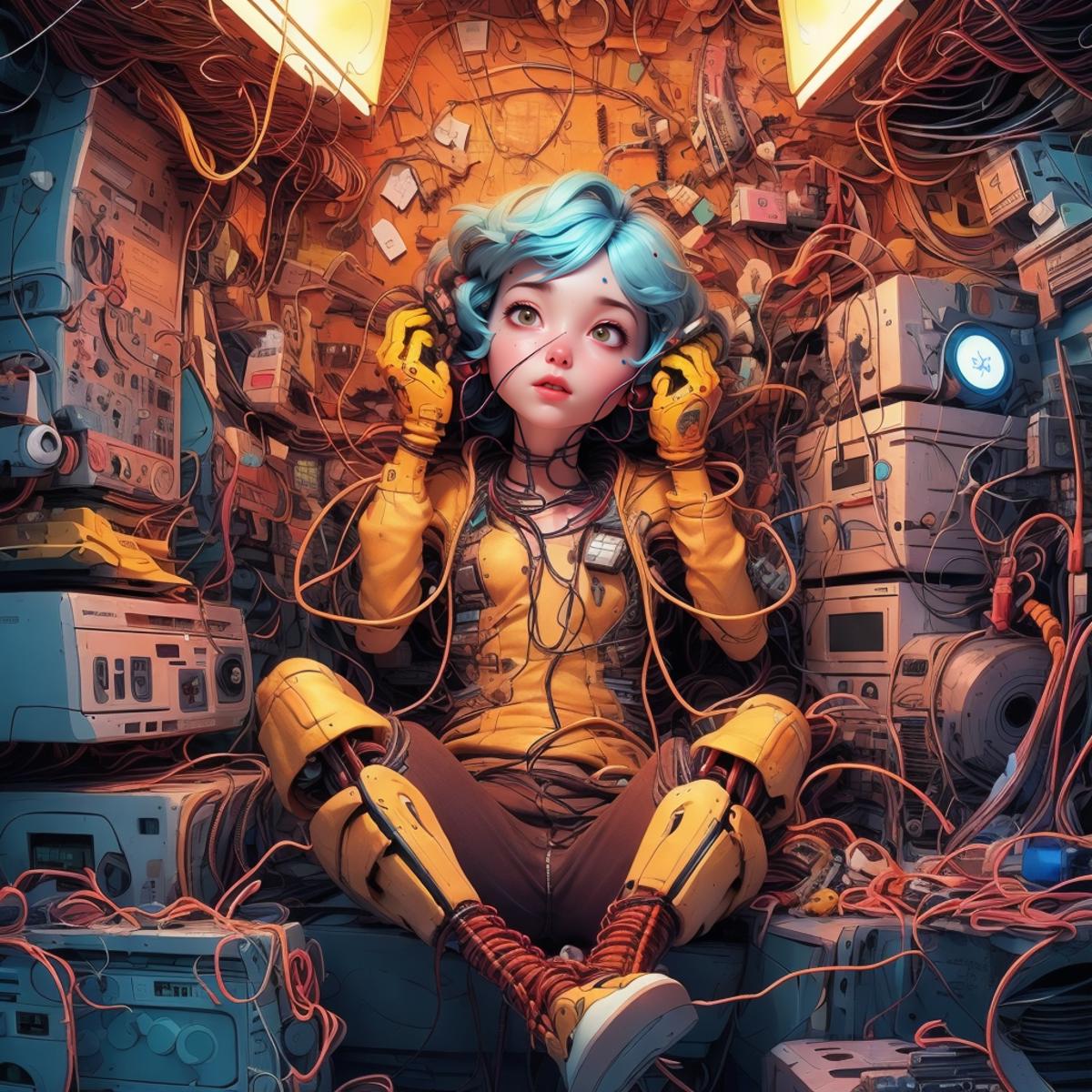 A young girl sitting in a pile of electronic equipment.