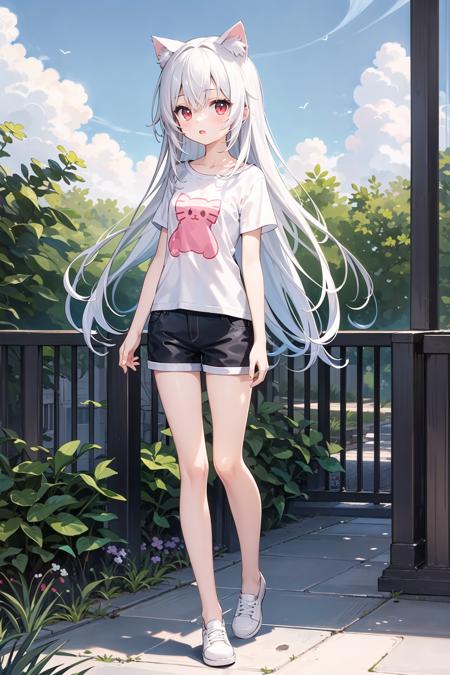 (((masterpiece))), best quality, illustration, young girl, 1girl with light white long hair, beautiful detailed red eyes, light white long straight hair, ((cute)), (petite), slim, solo, solo focus, standing, full body, sky, t-shirt, shorts, cat ears