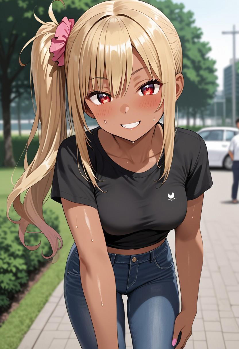 masterpiece, best quality,  depth_of_field, 
anime girl, anime style,
1girl, 
(18yo girl, young face,
red eyes,(eyes in highlight),(specular highlight eyes),
 tanned skin, large sunburn marks, gyaru,
blonde hair, long hair, side ponytail hair,
medium breast,
green crop top (short sleeves, shoulderless, strapless,)
inner black sports bra,
micro mini jeans,
red sneakers,)
thick thigh,
show clavicle,
sweating, sweaty body, 
((dripping wet body,))
out of breath,
smile,
friendly pose,
park.