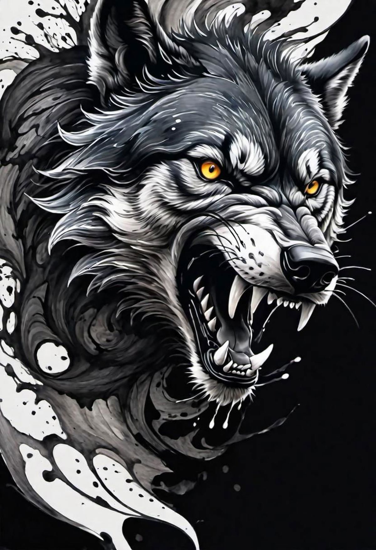 A black and white wolf with yellow eyes and sharp teeth.